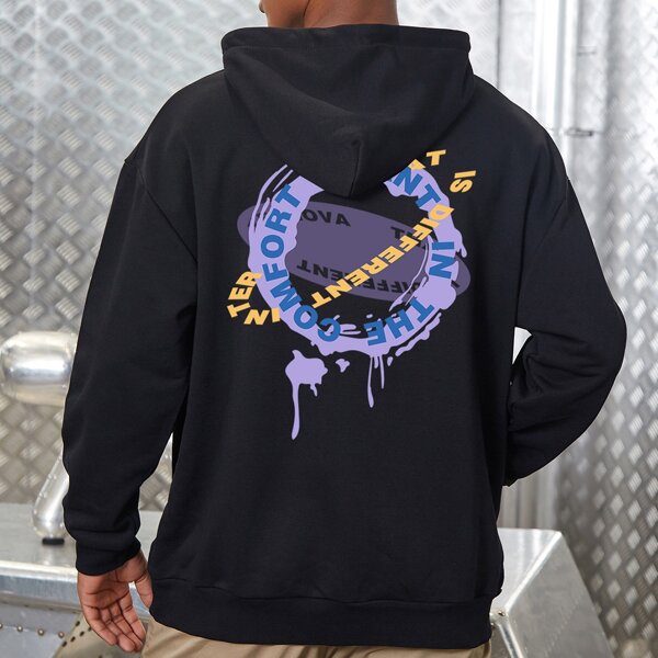 

Men Letter Graphic Kangaroo Pocket Drop Shoulder Drawstring Hoodie, Black