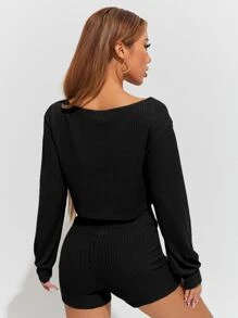SHEIN PETITE Pullover tejido de canalé de hombros caídos con shorts - Negro - Ver 2