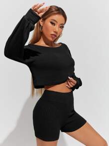 SHEIN PETITE Pullover tejido de canalé de hombros caídos con shorts - Negro - Ver 3