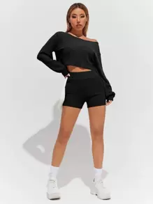 SHEIN PETITE Pullover tejido de canalé de hombros caídos con shorts - Negro - Ver 4