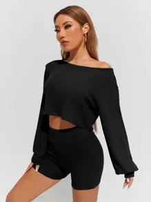 SHEIN PETITE Pullover tejido de canalé de hombros caídos con shorts - Negro - Ver 5