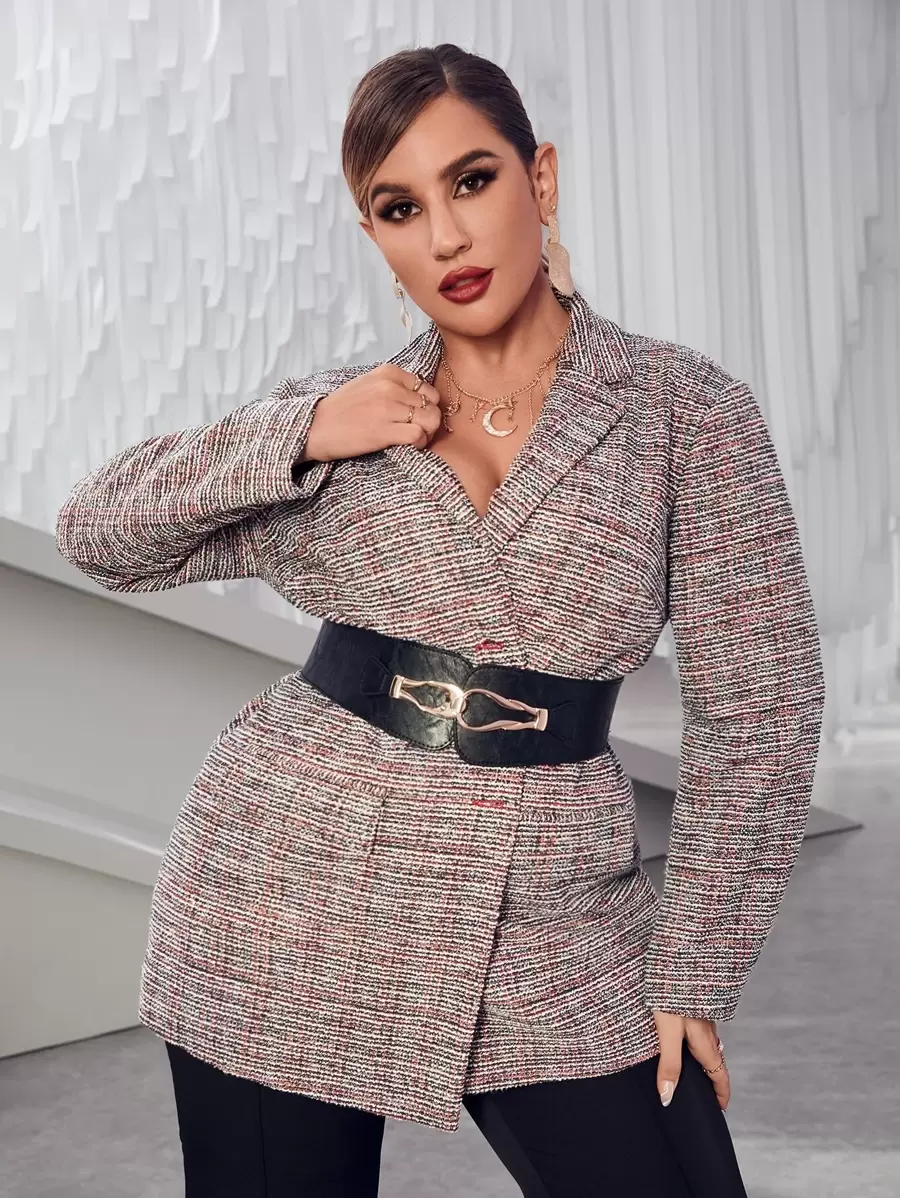 Mulvari Plus Lapel Neck Plaid Tweed Overcoat Without Belt - Multicolor - View 1