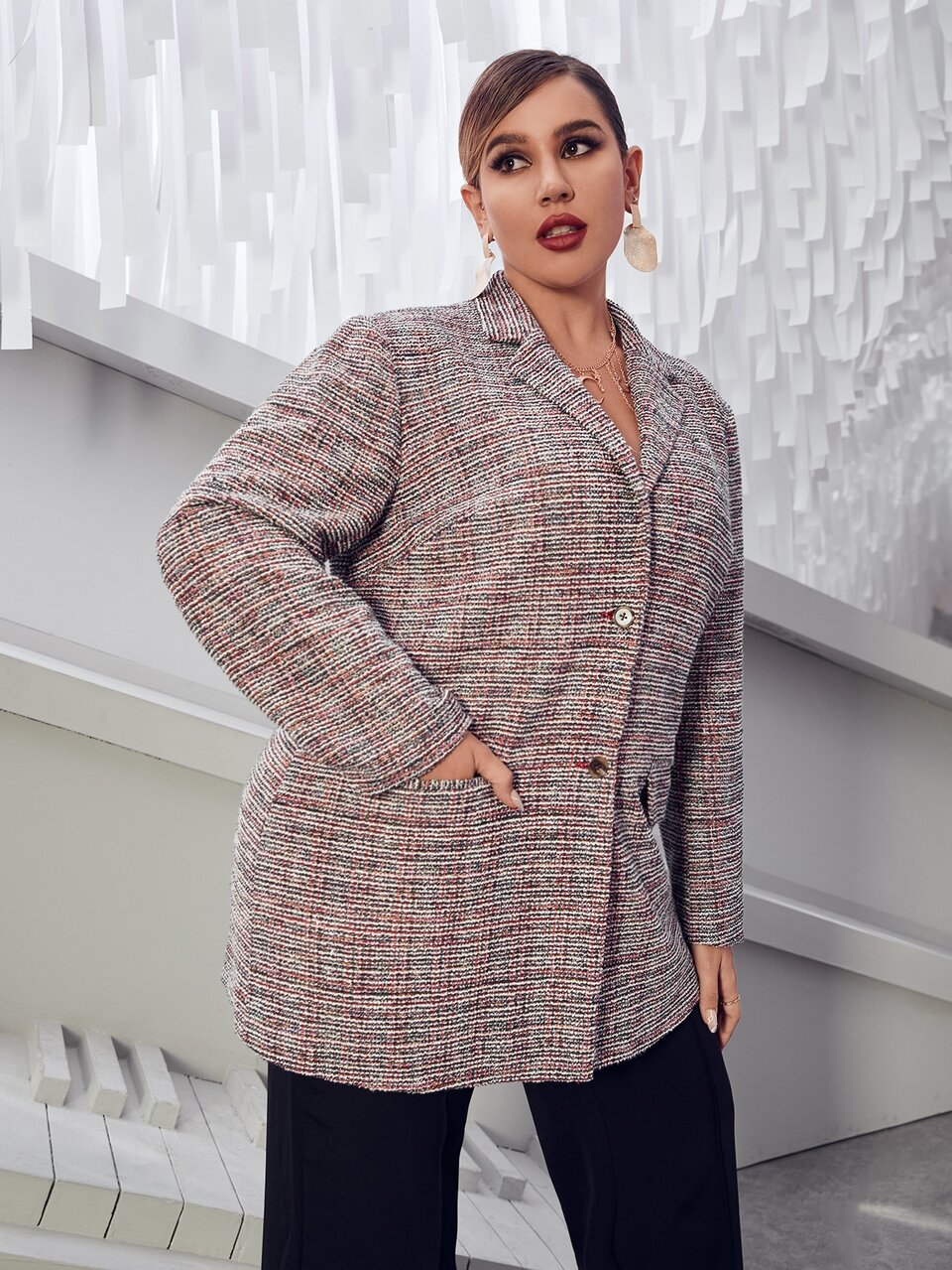 Plus Lapel Neck Plaid Tweed Overcoat Without Belt