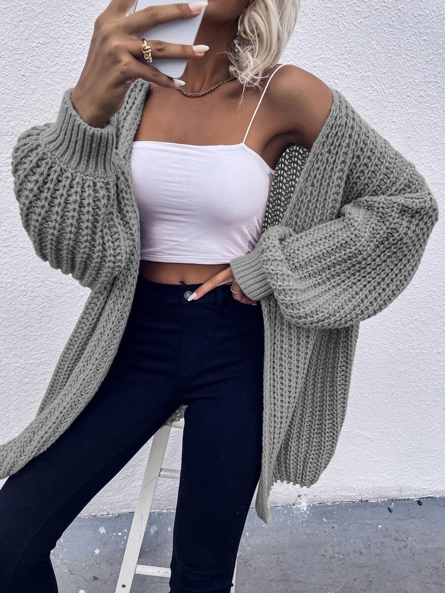 SHEIN LUNE Chunky Knit Drop Shoulder Cardigan - Light Grey - View 1