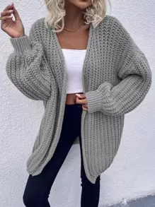 SHEIN LUNE Chunky Knit Drop Shoulder Cardigan - Light Grey - View 7