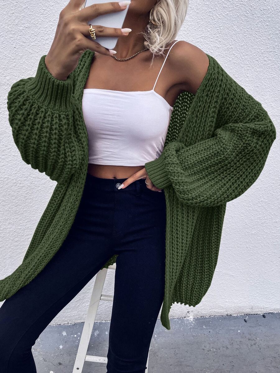 SHEIN LUNE Chunky Knit Drop Shoulder Cardigan - Army Green - View 1