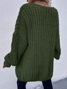 SHEIN LUNE Chunky Knit Drop Shoulder Cardigan - Army Green - View 2