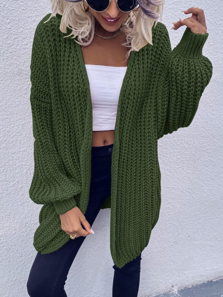 SHEIN LUNE Chunky Knit Drop Shoulder Cardigan - Army Green - View 3