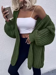 SHEIN LUNE Chunky Knit Drop Shoulder Cardigan - Army Green - View 6
