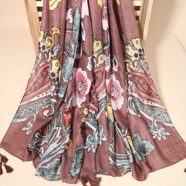 

Tassel Decor Flower Print Scarf, Multicolor
