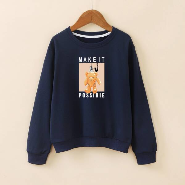 

Girls Cartoon Bear & Slogan Print Round Neck Sweatshirt, Navy blue