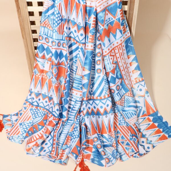 

Tassel Decor Geometric Print Scarf, Multicolor