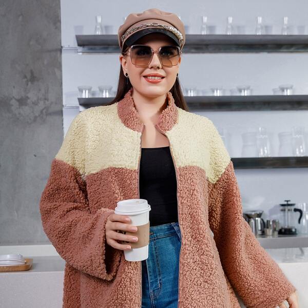 

Plus Color Block Drop Shoulder Teddy Jacket, Multicolor