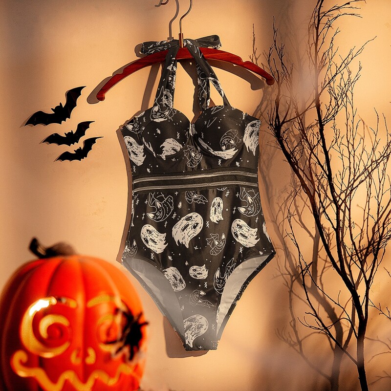 

Halloween Ghost Print Halter Push Up One Piece Swimsuit, Black and white