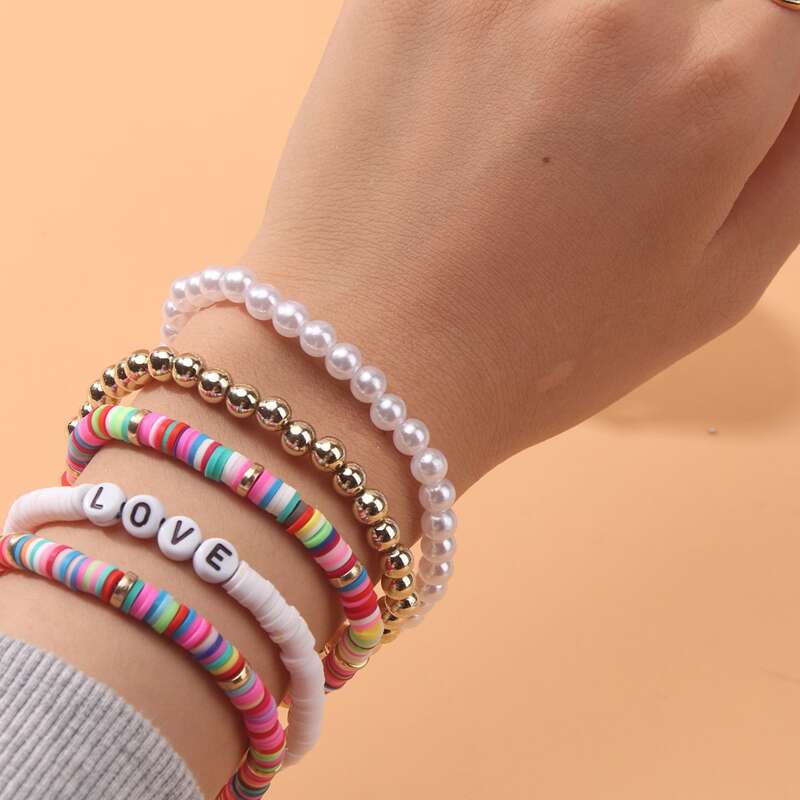 

5pcs Letter Graphic Beaded Bracelet, Multicolor