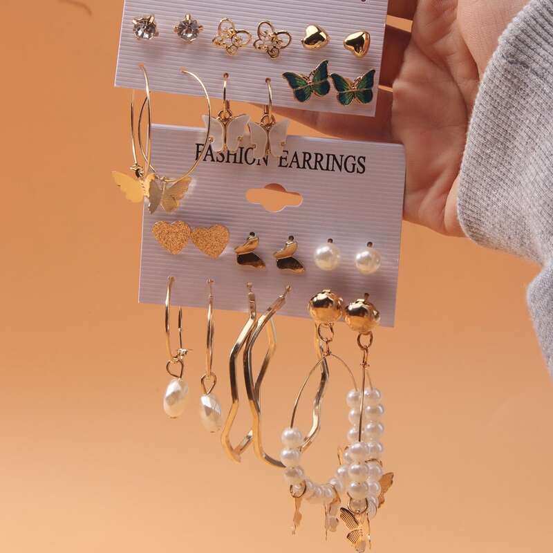 

12pairs Heart & Butterfly Earrings, Gold