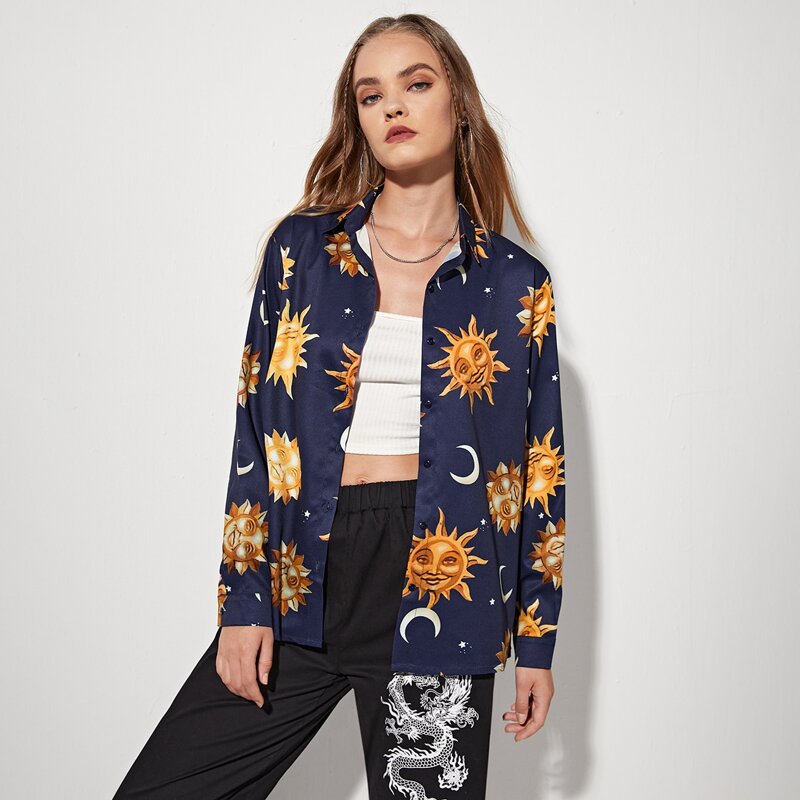 

Sun & Moon Graphic Button Front Blouse, Multicolor