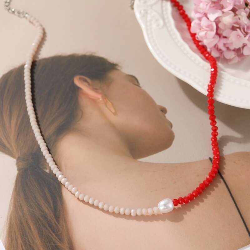 

Faux Pearl Decor Beaded Necklace, Red