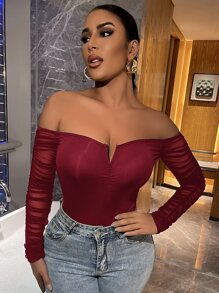 SHEIN SXY Notched Mesh-sleeve Ruched Back Bardot Top - Burgundy - View 1