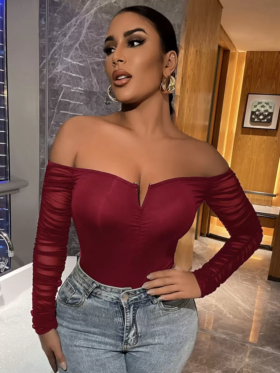 SHEIN SXY Notched Mesh-sleeve Ruched Back Bardot Top - Burgundy - View 1