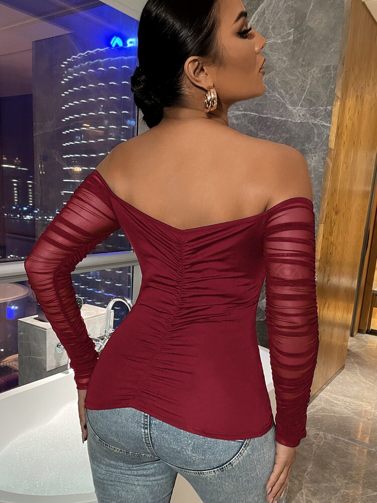 SHEIN SXY Áo nữ Tương phản Mesh Xù màu trơn Gợi cảm - Màu Đỏ Sâu - Xem 2