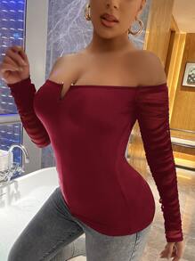 SHEIN SXY Notched Mesh-sleeve Ruched Back Bardot Top - Burgundy - View 3