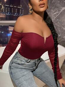 SHEIN SXY Notched Mesh-sleeve Ruched Back Bardot Top - Burgundy - View 4