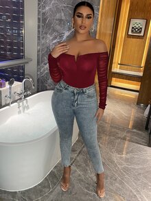 SHEIN SXY Notched Mesh-sleeve Ruched Back Bardot Top - Burgundy - View 5