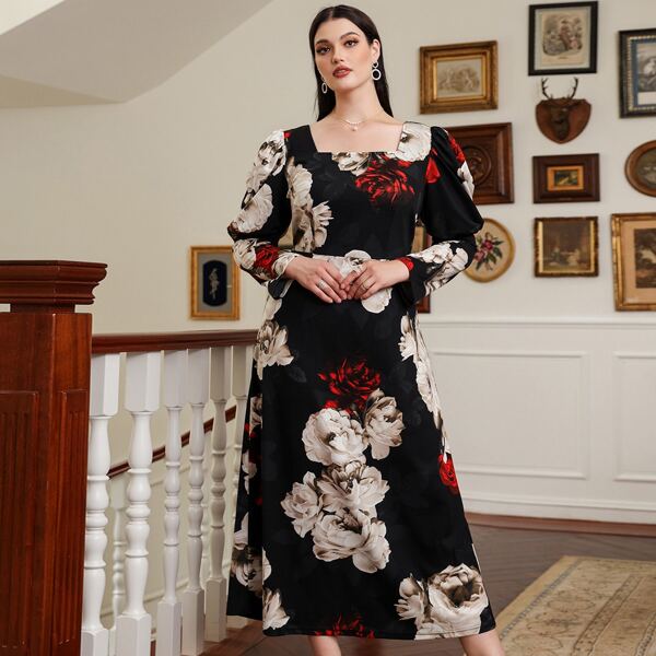 

Plus Floral Print Square Neck Gigot Sleeve Dress, Multicolor
