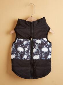 Red & Black Contrast Skeleton Print Pet Winter Warm Vest, Thick Windproof Jacket For Dogs & Cats - Black - View 7