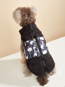 Red & Black Contrast Skeleton Print Pet Winter Warm Vest, Thick Windproof Jacket For Dogs & Cats - Black - View 3