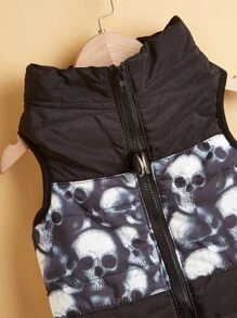 Red & Black Contrast Skeleton Print Pet Winter Warm Vest, Thick Windproof Jacket For Dogs & Cats - Black - View 8