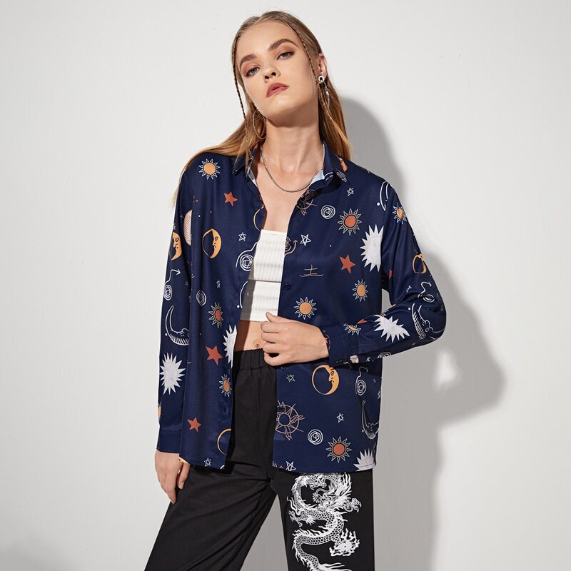 

Sun & Moon Graphic Button Front Blouse, Multicolor