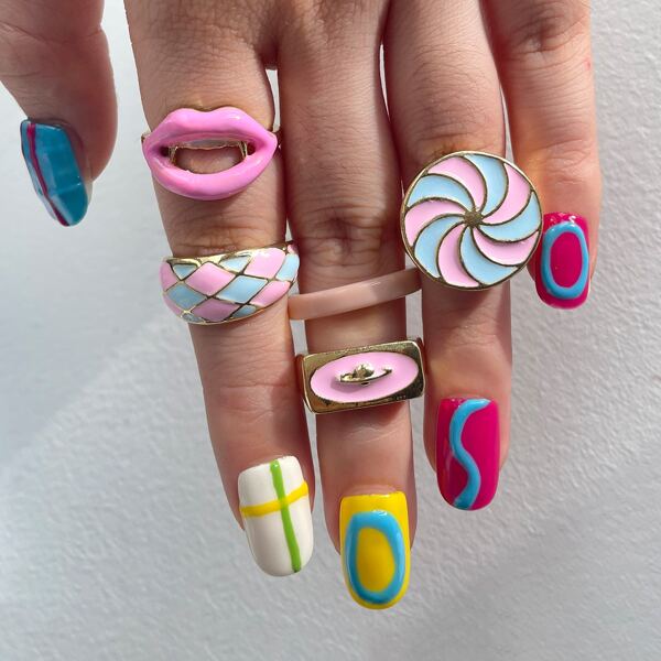 

5pcs Color Block Geometric Pattern Ring, Multicolor
