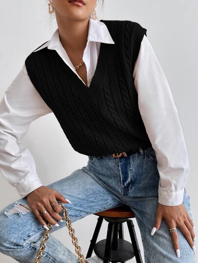 SHEIN PariChic Cable Knit Sweater Vest Without Blouse