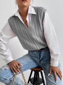 SHEIN Essnce Cable Knit Sweater Vest Without Blouse - Light Grey - View 1