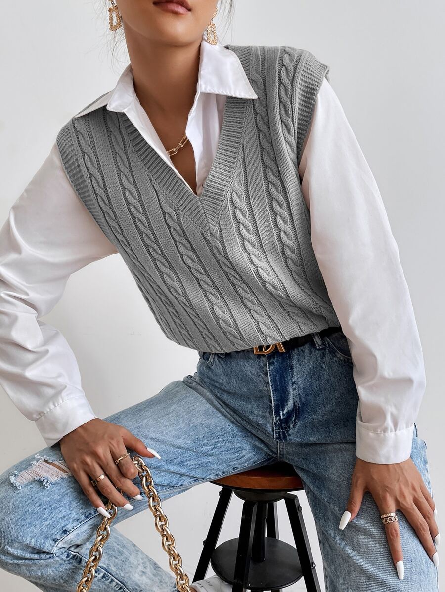 SHEIN Essnce Cable Knit Sweater Vest Without Blouse - Light Grey - View 1