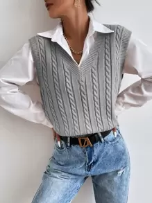 SHEIN Essnce Cable Knit Sweater Vest Without Blouse - Light Grey - View 3