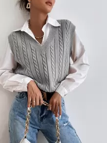 SHEIN Essnce Cable Knit Sweater Vest Without Blouse - Light Grey - View 4