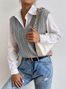 SHEIN Essnce Cable Knit Sweater Vest Without Blouse - Light Grey - View 6