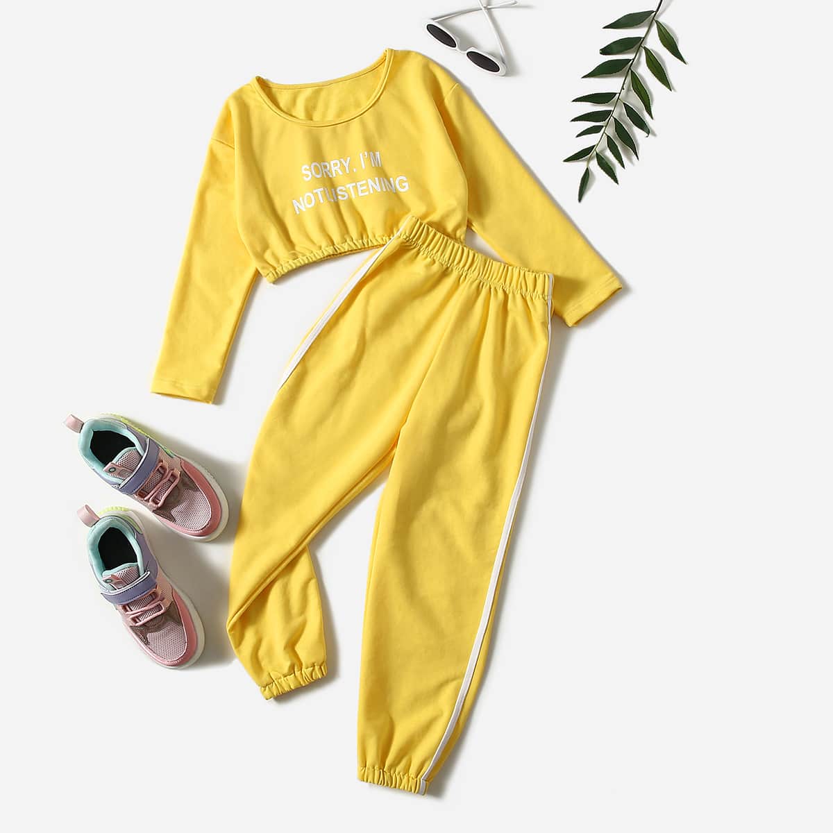 для девочек с текстовым принтом Кроп-футболка & в полоску Спортивные брюки