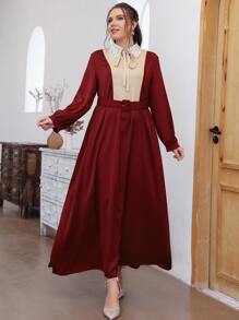 Modelyn Plus Colour Block Guipure Lace Detail Tie Neck Belted Dress - Burgundy - View 1