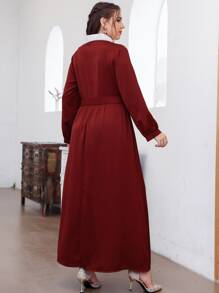 Modelyn Plus Colour Block Guipure Lace Detail Tie Neck Belted Dress - Burgundy - View 2