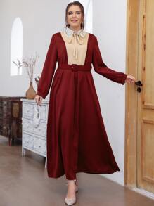 Modelyn Plus Colour Block Guipure Lace Detail Tie Neck Belted Dress - Burgundy - View 3
