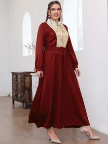 Modelyn Plus Colour Block Guipure Lace Detail Tie Neck Belted Dress - Burgundy - View 4