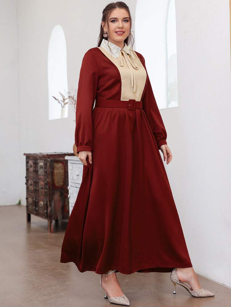 Modelyn Burgundy Red Plus Color Block Guipure Lace Detail Tie Neck Belted Dress - Burgundy - View 4