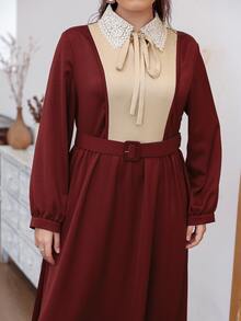 Modelyn Plus Colour Block Guipure Lace Detail Tie Neck Belted Dress - Burgundy - View 5