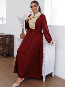 Modelyn Plus Colour Block Guipure Lace Detail Tie Neck Belted Dress - Burgundy - View 6