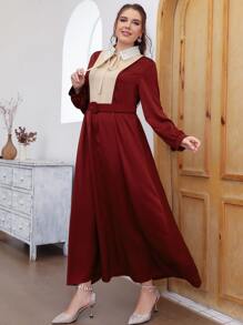 Modelyn Plus Colour Block Guipure Lace Detail Tie Neck Belted Dress - Burgundy - View 7