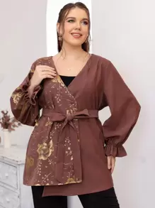 Lacomfia Plus Size Outerwear Asimetris Berikat Bunga Casual - Redwood - View 1